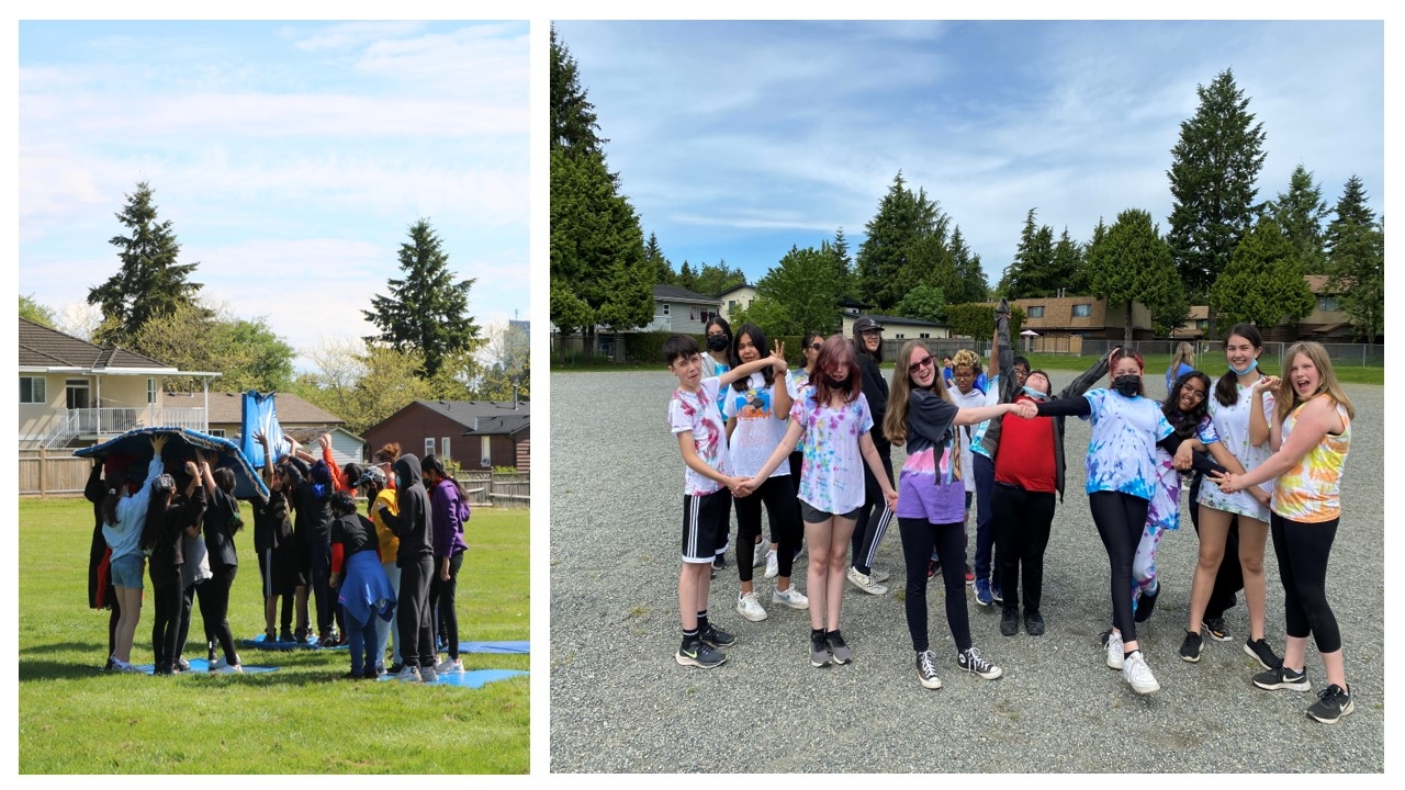 Intermediate students participating in the "Grass is Lava Relay" and the "Human Knot" activity.