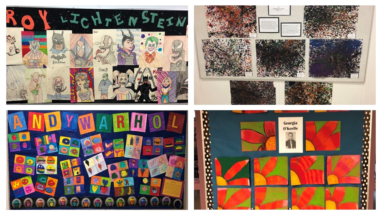 Samples of student art inspired by famous artists.