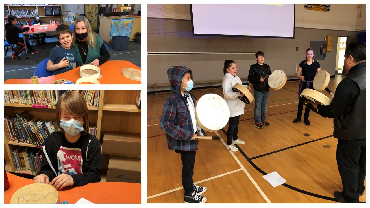 Students making drums. Students learning an Indigenous welcome song.